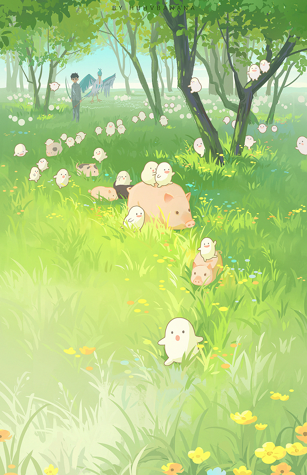 1boy, animal, aosagi_(kimitachi_wa_dou_ikiru_ka), artist_name, bird, black_hair, bow_(weapon), day