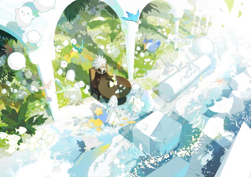 1girl, 2boys, absurdres, aosagi_(kimitachi_wa_dou_ikiru_ka), bird, blue_bird, brown_robe, facial_hair