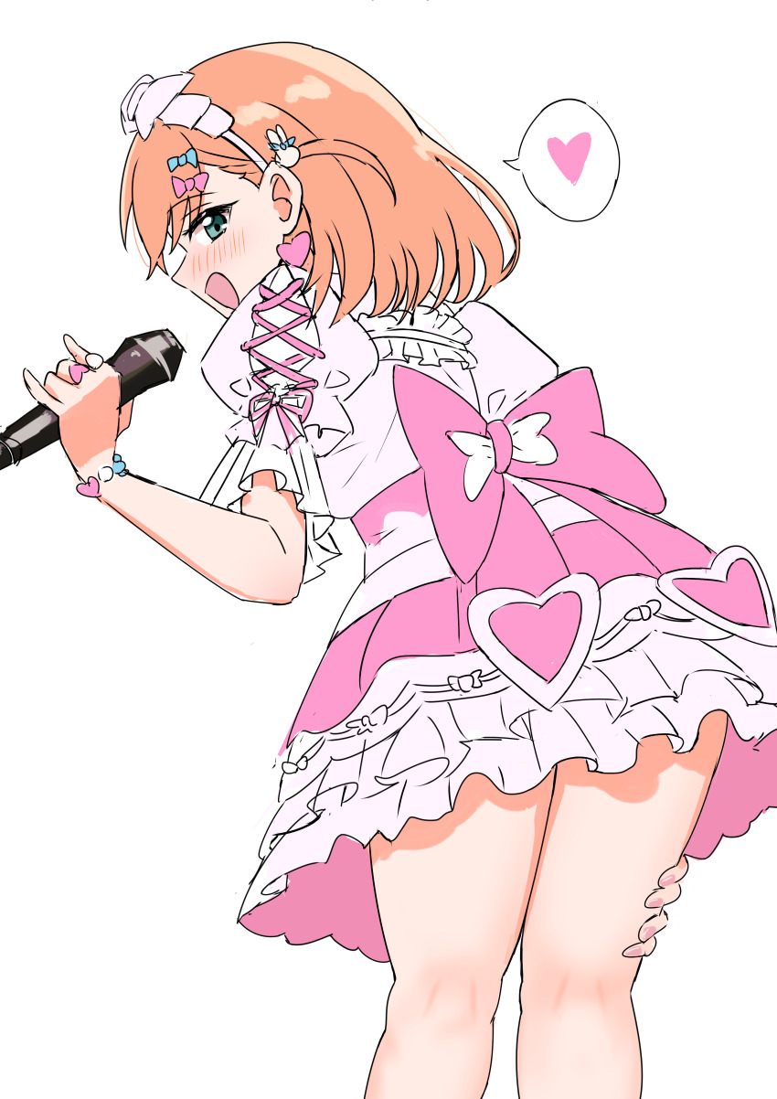 1girl, :d, absurdres, back_bow, bare_legs, blush, bow, bow_hairband, commentary_request, criss-cross_straps, dress, earrings, ereka, frilled_dress, frilled_sleeves, frills, from_behind, green_eyes, hair_ornament, hairband, hairclip, half-closed_eyes, hand_on_own_thigh, happy_shijo_shugi!, headband, heart, heart_earrings, highres, hinoshita_kaho, holding, holding_microphone, jewelry, link!_like!_love_live!, looking_at_viewer, love_live!, medium_hair, microphone, open_mouth, orange_hair, pink_bow, pink_dress, pink_headband, pink_ribbon, rabbit_hair_ornament, ribbon, seductive_smile, smile, solo, spoken_heart, virtual_youtuber