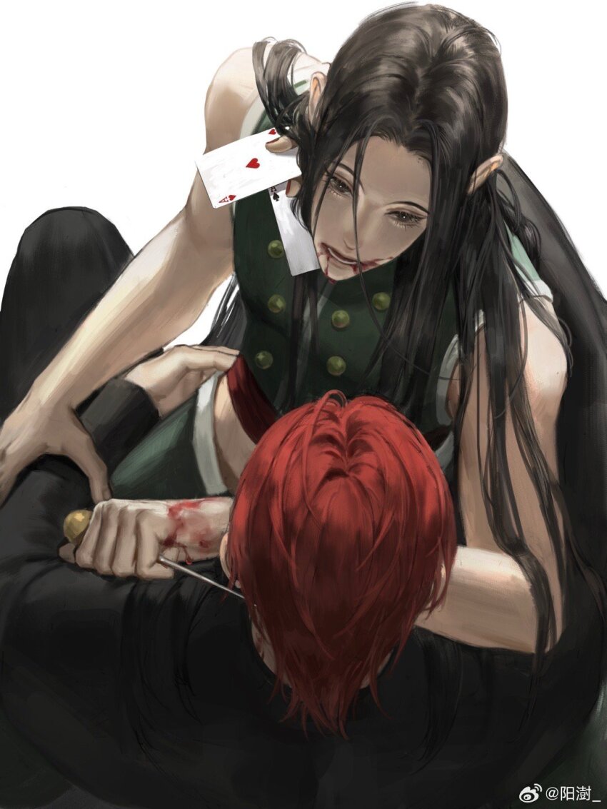 2boys, ace_(playing_card), ace_of_hearts, ace_of_spades, arm_around_neck, between_fingers, black_eyes, black_hair