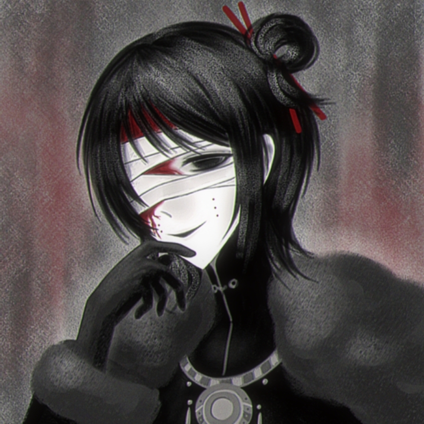 1girl, 666_tuishao_ling, bandage_over_one_eye, black_eyes, black_gloves, black_hair, black_jacket, black_shirt
