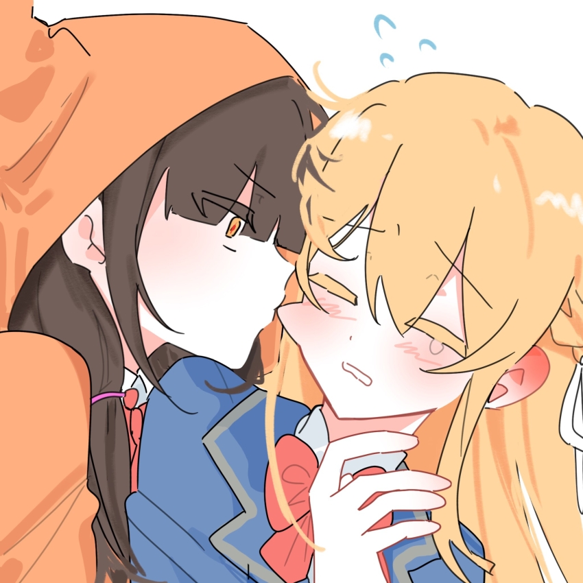 2girls, asakura_karen_(heaven_burns_red), biting, black_hair, blonde_hair, blue_jacket, bow, braid