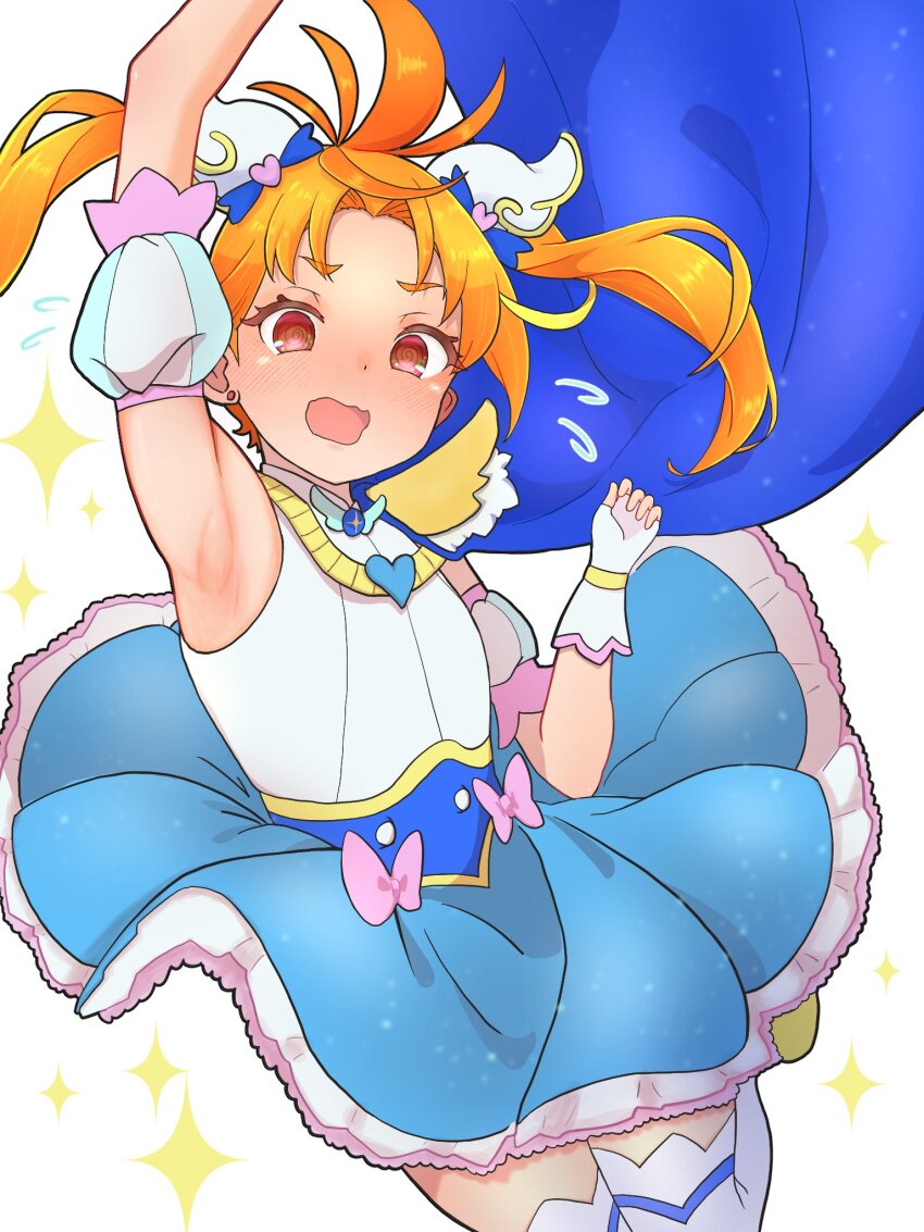 1boy, @_@, alternate_costume, alternate_hairstyle, arm_up, armpits, blue_cape, blue_dress, blush, bow, brooch, cape, cosplay, crossdressing, crossdressing_(mtf), cure_sky, cure_sky_(cosplay), cure_wing, detached_sleeves, dress, dress_bow, earrings, embarrassed, ewo_kakuo, fingerless_gloves, floating_cape, four-pointed_star, frilled_dress, frills, gloves, hair_ornament, highres, hirogaru_sky!_precure, jewelry, jumping, legs_up, looking_at_viewer, magical_boy, medium_hair, open_mouth, orange_hair, pink_bow, precure, puffy_short_sleeves, puffy_sleeves, red_eyes, short_sleeves, simple_background, sleeveless, sleeveless_dress, solo, star_(symbol), thighhighs, twintails, two-tone_dress, wavy_eyes, wavy_mouth, white_background, white_dress, white_gloves, white_thighhighs, wing_brooch, wing_hair_ornament, yuunagi_tsubasa
