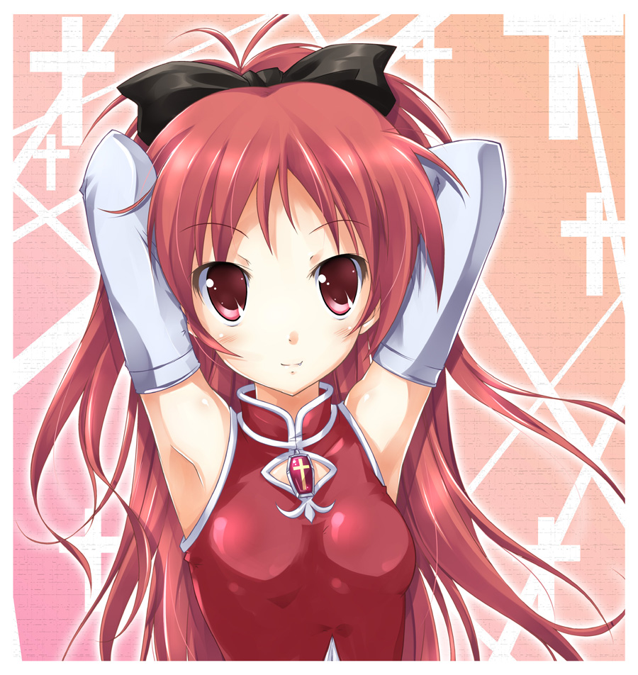 10s, 1girl, arm_warmers, armpits, bow, breasts, cross, fang, female_focus, fujimoto_akio, hair_bow, long_hair, magical_girl, mahou_shoujo_madoka_magica, mahou_shoujo_madoka_magica_(anime), red_eyes, red_hair, sakura_kyoko, sakura_kyoko_(magical_girl), solo, white_arm_warmers