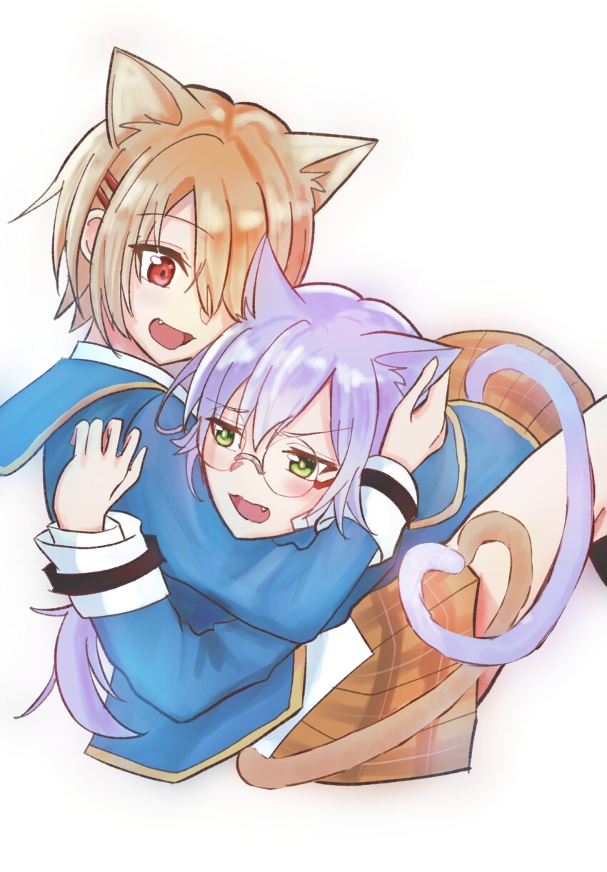 2girls, animal_ears, aoi11_luyu, blonde_hair, blue_jacket, cat_ears, cat_girl, cat_tail