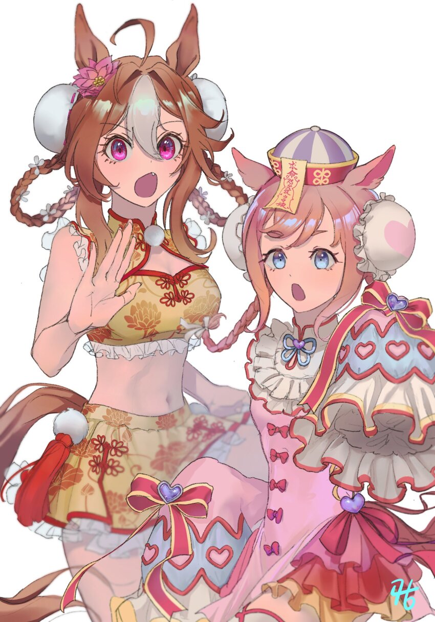 2girls, :o, agnes_digital_(lovely_jiangshi)_(umamusume), agnes_digital_(umamusume), ahoge, animal_ears, beyondthe_c, bikini