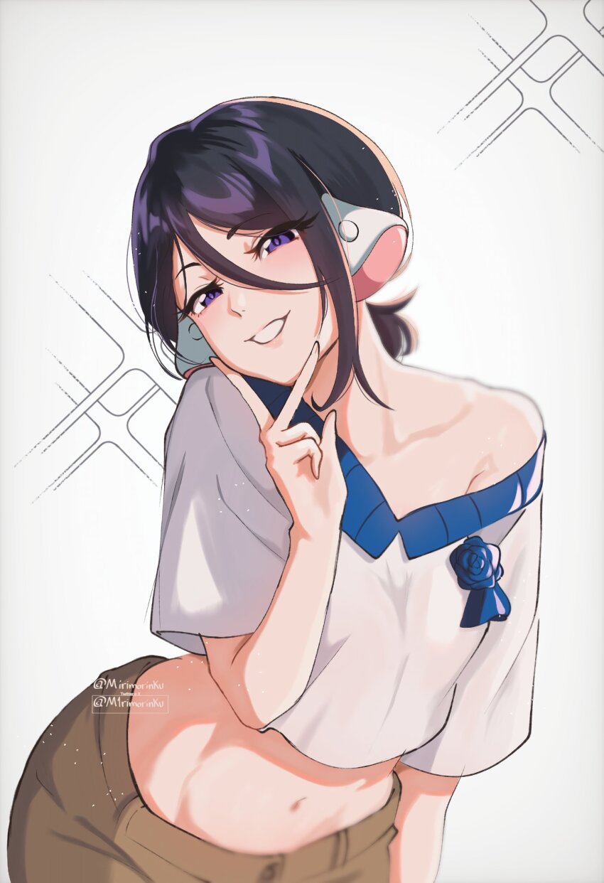 1girl, arm_at_side, artist_name, bent_over, black_hair, bleach, blue_flower, blue_trim, breasts, bright_pupils, brown_pants, chii, chii_(cosplay), chobits, commentary, corsage, cosplay, cowboy_shot, crop_top, crop_top_overhang, english_commentary, eyelashes, flower, grin, hair_between_eyes, hand_on_own_face, highres, kuchiki_rukia, leaning_forward, light_particles, long_bangs, looking_at_viewer, loose_hair_strand, m1rimorinku, medium_breasts, midriff, narrowed_eyes, navel, off-shoulder_shirt, off_shoulder, pants, purple_eyes, robot_ears, shirt, short_hair, short_sleeves, signature, single_bare_shoulder, smile, solo, sparkle, twitter_username, v, white_background, white_shirt, wide_sleeves