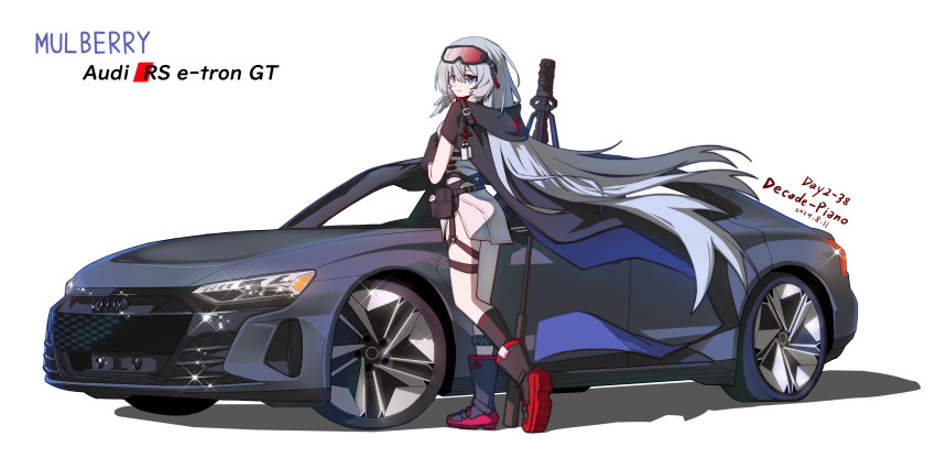 1girl, absurdres, arknights, audi_rs_e-tron_gt, black_boots, black_cape, black_gloves, blue_eyes, boots, cape, car, character_name, dated, feather_hair, gaoling_gangqin, gloves, goggles, goggles_on_head, grey_hair, highres, holding, holding_staff, long_hair, looking_at_viewer, looking_back, motor_vehicle, mulberry_(arknights), red-tinted_eyewear, simple_background, solo, sparkle, staff, tinted_eyewear, very_long_hair, white_background