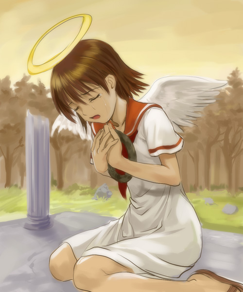 00s, brown_hair, forest, haibane_renmei, halo, mutsuki_(moonknives), nature, non-web_source