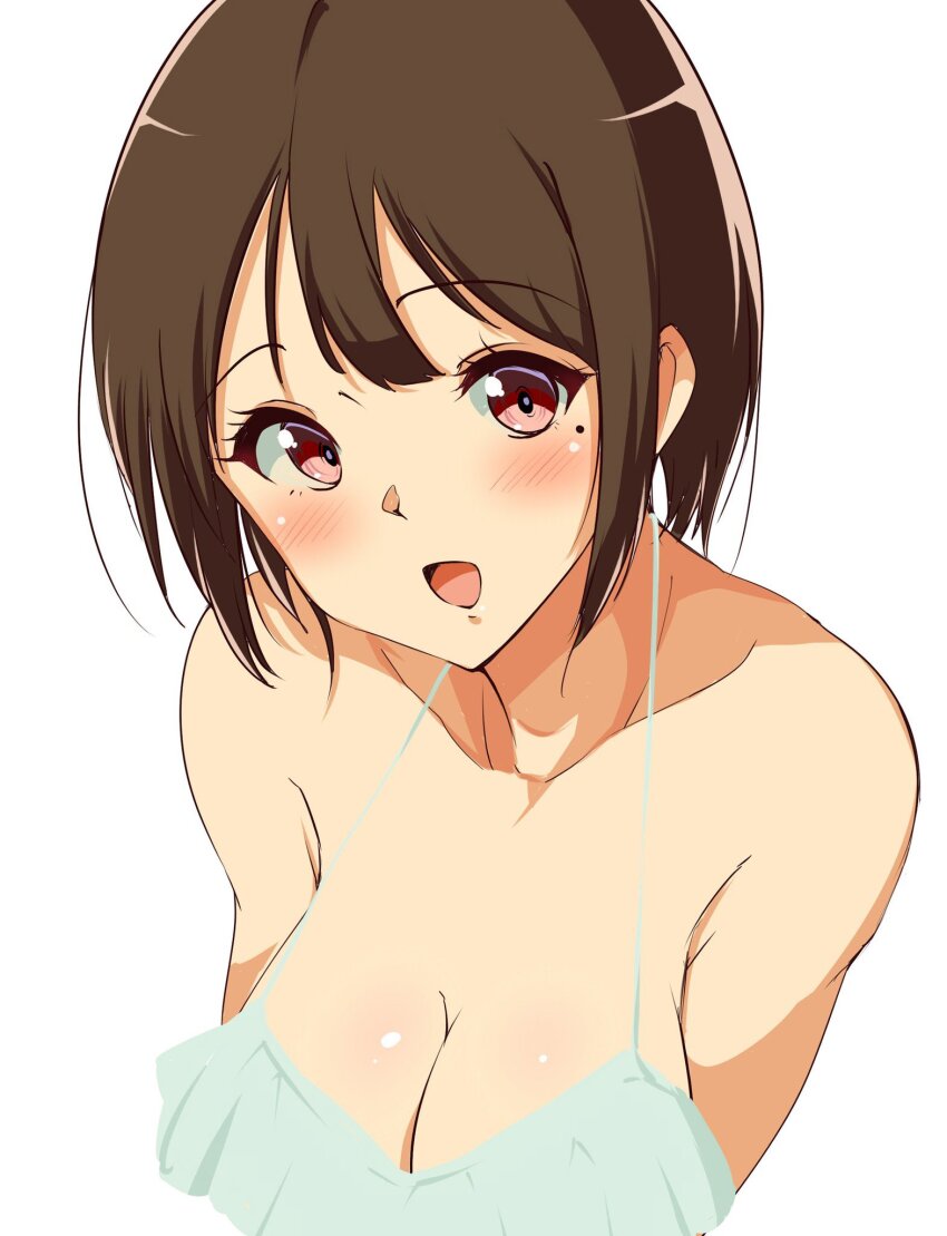 1girl, bikini, breasts, brown_hair, cleavage, frilled_bikini, frills, hibike!_euphonium, highres, kanmuri_neko, large_breasts, looking_at_viewer, medium_hair, mole, mole_under_eye, nakaseko_kaori, red_eyes, smile, swimsuit, white_background, white_bikini