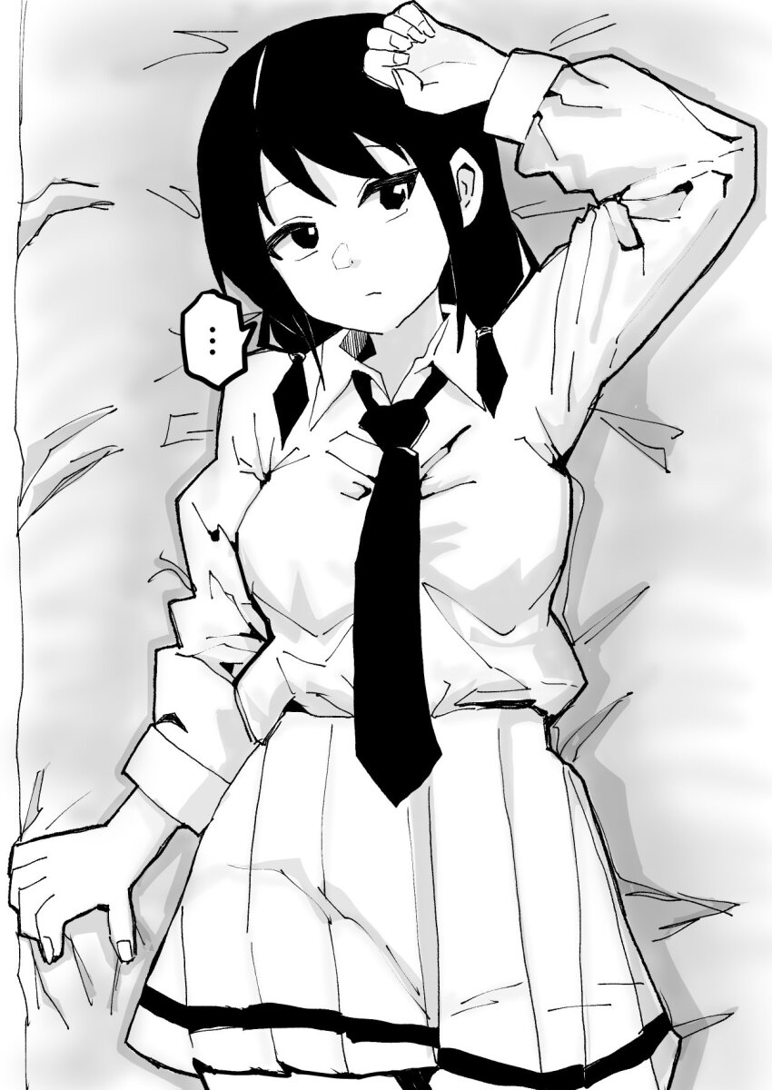 ..., collared_shirt, einoboru, greyscale, hair_between_eyes, highres, long_hair, long_sleeves, low_twintails, lying, monochrome, necktie, on_back, pleated_skirt, school_uniform, shirt, shirt_tucked_in, skirt, spoken_ellipsis, tamura_yuri, twintails, watashi_ga_motenai_no_wa_dou_kangaetemo_omaera_ga_warui!