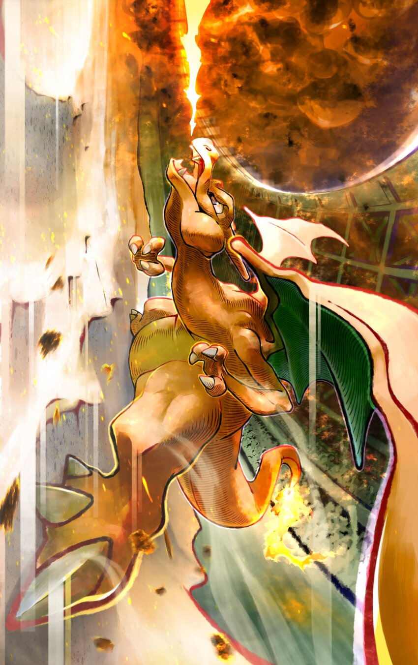 absurdres, breath_weapon, breathing_fire, charizard, claws, dragon_wings, embers, fangs