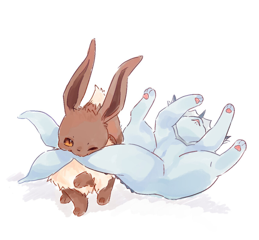 animal, animal_focus, biting, brown_eyes, eevee, fins, gen_1_pokemon, lying, nintendo, no_humans, oinyanyari, on_back, one_eye_closed, open_mouth, pawpads, pokemon, pokemon_(creature), simple_background, smile, vaporeon, white_background, wink