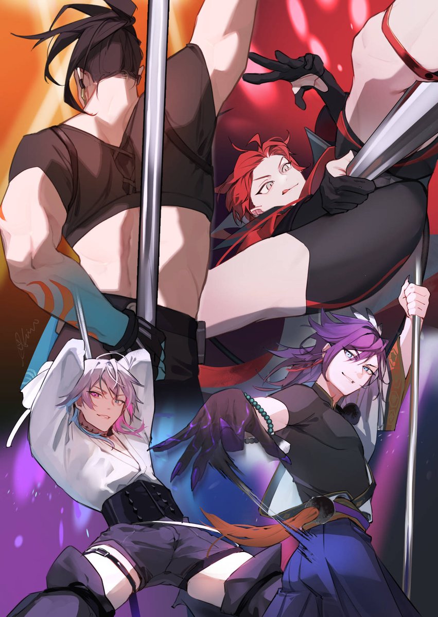 20chinn, 4boys, arms_behind_head, arms_up, banzoin_hakka, banzoin_hakka_(1st_costume), bead_bracelet, beads