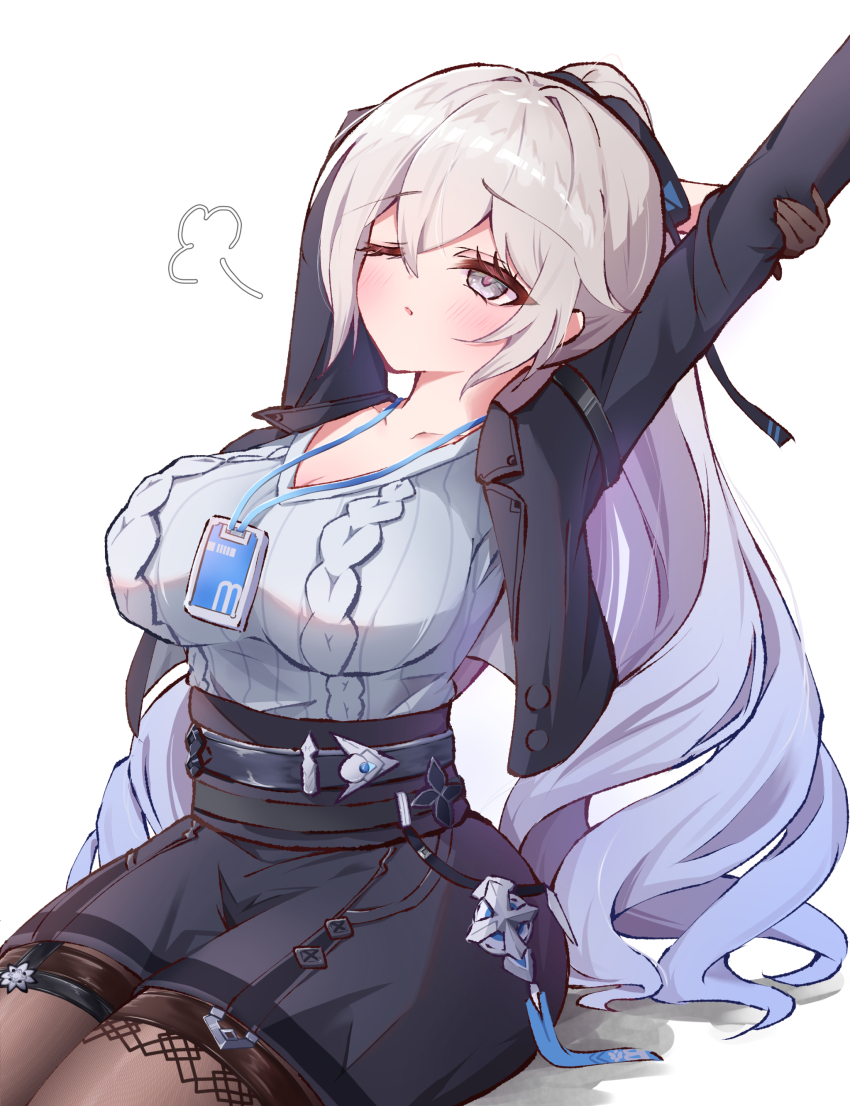 1girl, absurdres, belt, black_jacket, black_pantyhose, black_skirt, blush, breasts, bronya_zaychik, bronya_zaychik_(outstanding_attitude), bronya_zaychik_(silverwing:_n-ex), drill_hair, grey_eyes, grey_hair, grey_sweater, hair_ribbon, highres, hiruga_agurih, honkai_(series), honkai_impact_3rd, id_card, jacket, lanyard, large_breasts, long_hair, long_sleeves, office_lady, official_alternate_costume, one_eye_closed, outstretched_arm, pantyhose, red_pupils, ribbon, sitting, skirt, solo_focus, sweater, white_background, yawning