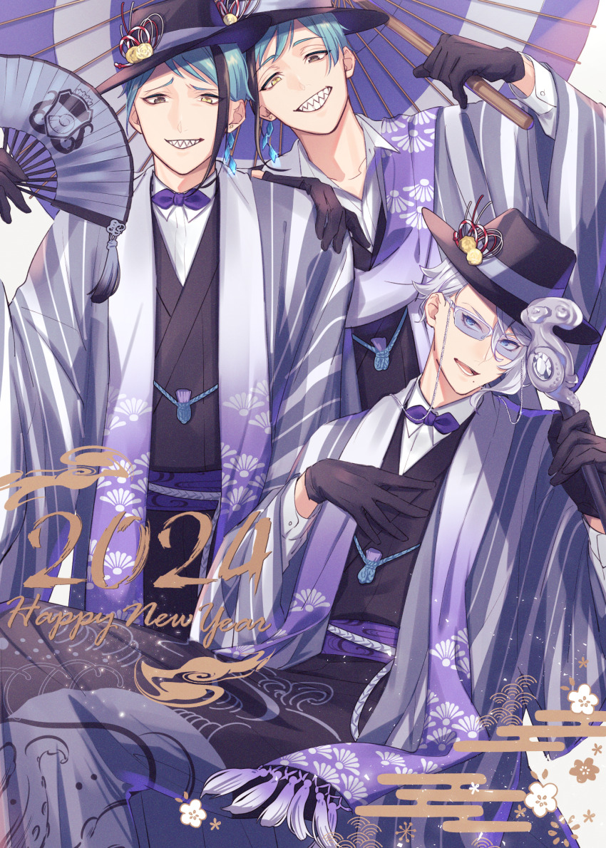2024, 3boys, azul_ashengrotto, black_gloves, black_kimono, blue_eyes, blue_hair, brothers
