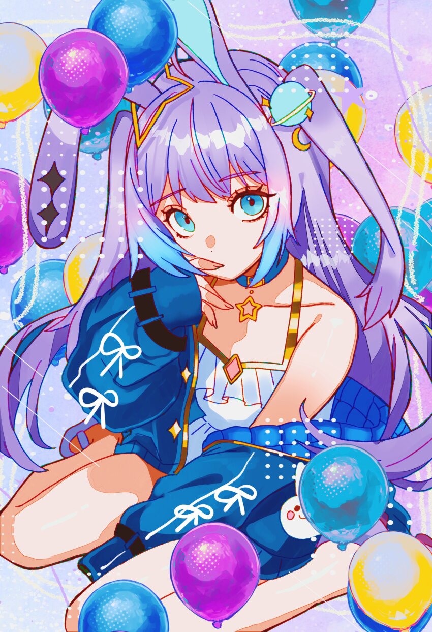 1girl, absurdres, animal_ears, aqua_coat, asymmetrical_sleeves, balloon, between_legs, blue_eyes, blue_hair, character_request, choker, coat, colored_tips, commission, covering_own_mouth, crescent, crescent_hair_ornament, dot_nose, dress, eyelashes, finger_to_mouth, fold-over_dress, frilled_dress, frills, from_above, gold_trim, hair_ornament, halftone, hand_between_legs, hand_over_own_mouth, highres, indie_virtual_youtuber, kagamimochiko, knees_out_of_frame, light_blue_hair, looking_at_viewer, mary_janes, multicolored_hair, o-ring, o-ring_choker, off_shoulder, padded_coat, pink_background, planet_hair_ornament, purple_background, purple_hair, rabbit_ears, second-party_source, shoes, short_dress, sidelocks, single_sleeve_past_fingers, single_sleeve_past_wrist, sitting, sleeve_bow, solo, star_(symbol), star_choker, star_o-ring, swept_bangs, two-sided_fabric, two-tone_background, two_side_up, uneven_sleeves, upturned_eyes, virtual_youtuber, wariza, white_dress, wrist_belt