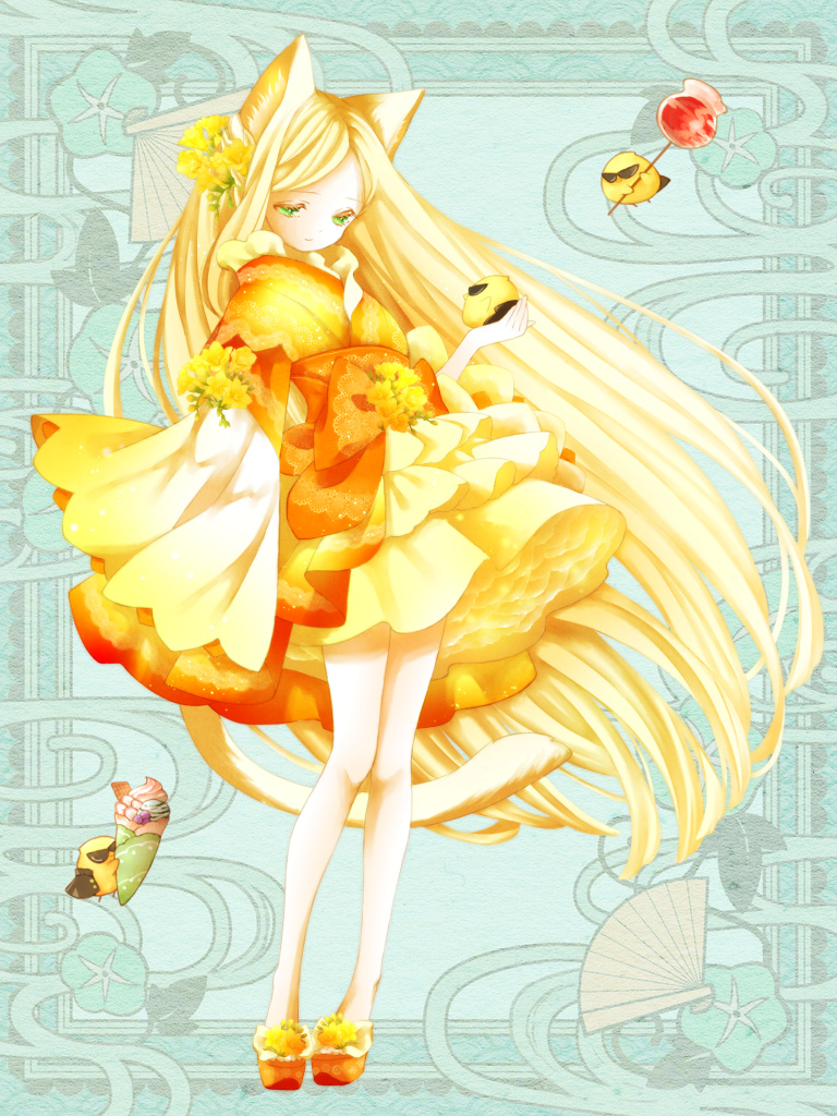 1girl, animal_ears, bird, bird_on_hand, blonde_hair, candy_apple, dress, flower, food, full_body, green_background, green_eyes, hair_flower, hair_ornament, holding_candy_apple, holding_food, ice_cream_crepe, kerberos_blade, pom_nostalgia, shu_freesia, solo, standing, yellow_dress, yellow_flower