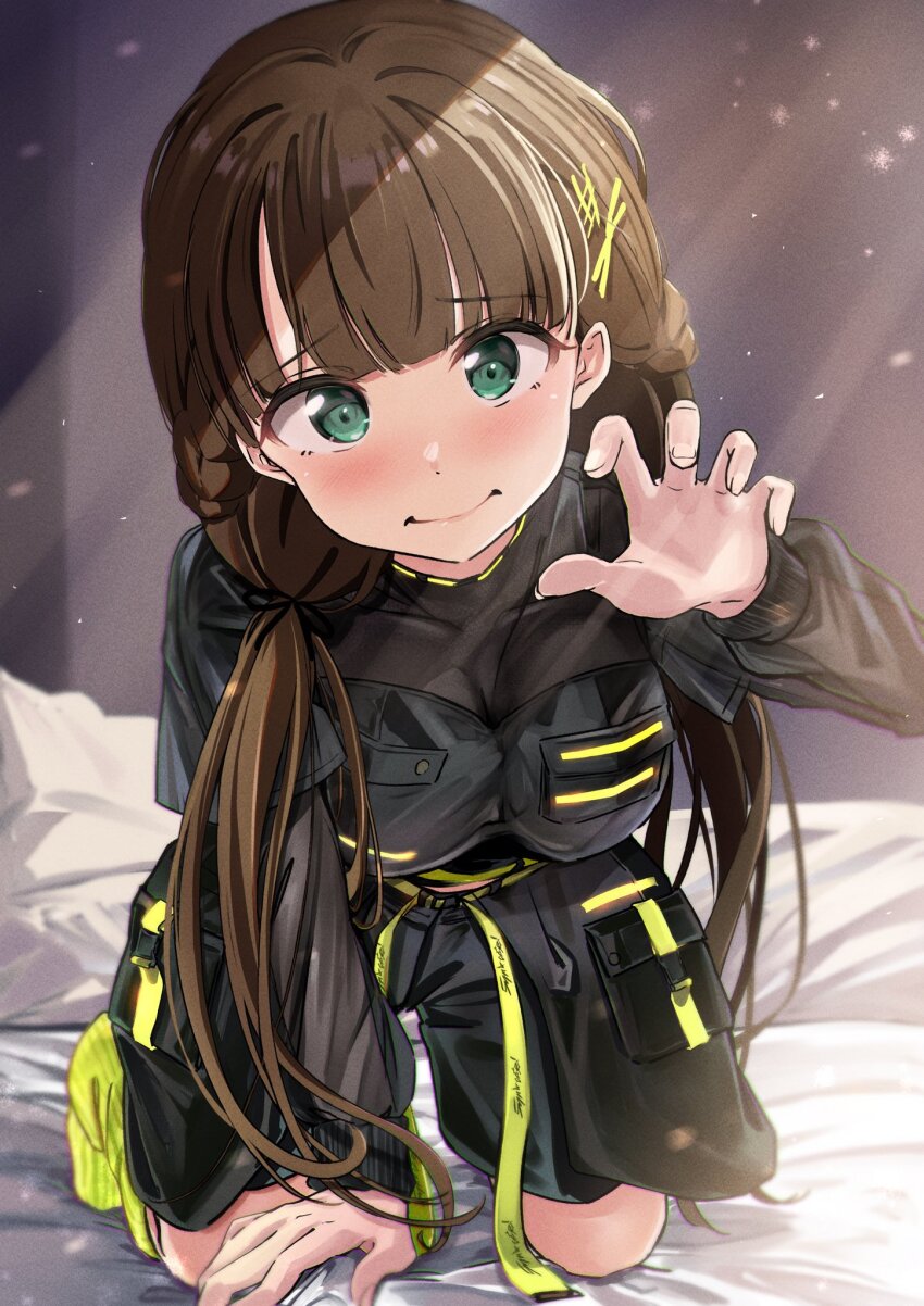 1girl, all_fours, bed_sheet, black_jacket, black_shorts, blunt_bangs, blush, breast_pocket, brown_hair, closed_mouth, commentary_request, frontrivers_kae, furrowed_brow, hair_ornament, hairclip, hand_up, highres, jacket, light_rays, long_hair, long_sleeves, looking_at_viewer, love_live!, love_live!_superstar!!, pocket, sakurakoji_kinako, shorts, smile, solo, thank_you_good_morning, twintails