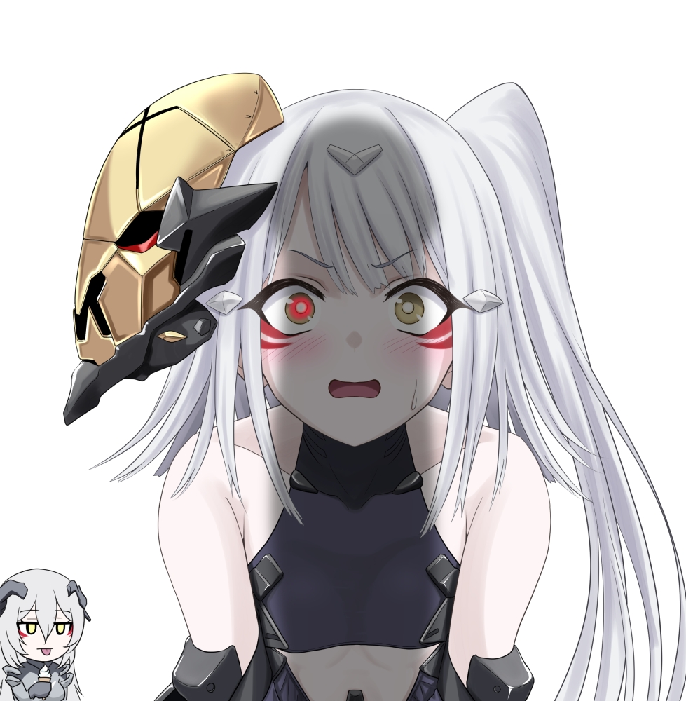 2girls, bare_shoulders, blush, breasts, chibi, clothing_cutout, eyeshadow, girls'_frontline