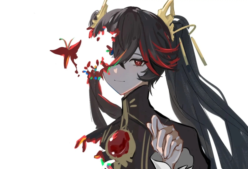 1girl, black_dress, black_hair, bug, butterfly, cgcccsen, dress, hair_between_eyes