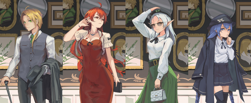 1boy, 3girls, adpong, ahoge, belt, blonde_hair, blue_eyes, blue_hair, bracelet, braid, breasts, cane, capelet, cowboy_shot, crossed_bangs, dress, earpiece, elf, eris_greyrat, green_eyes, green_necktie, green_skirt, hair_between_eyes, hat, highres, holding, holding_cane, husband_and_wives, indoors, jacket, jacket_on_shoulders, jewelry, large_breasts, long_braid, long_hair, long_skirt, long_sleeves, medium_hair, multiple_girls, mushoku_tensei, neckerchief, necklace, necktie, pants, pleated_skirt, pointy_ears, polygamy, red_dress, red_eyes, red_hair, roxy_migurdia, rudeus_greyrat, shirt, skirt, small_breasts, sunglasses, sylphiette_(mushoku_tensei), thick_eyebrows, thighhighs, thumb_to_mouth, twin_braids, vest, white_capelet, white_hair, white_shirt