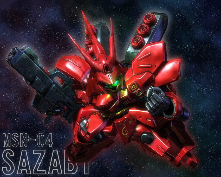 a_mituhashi, beam_rifle, char's_counterattack, chibi, clenched_hand, energy_gun, glowing, glowing_eyes