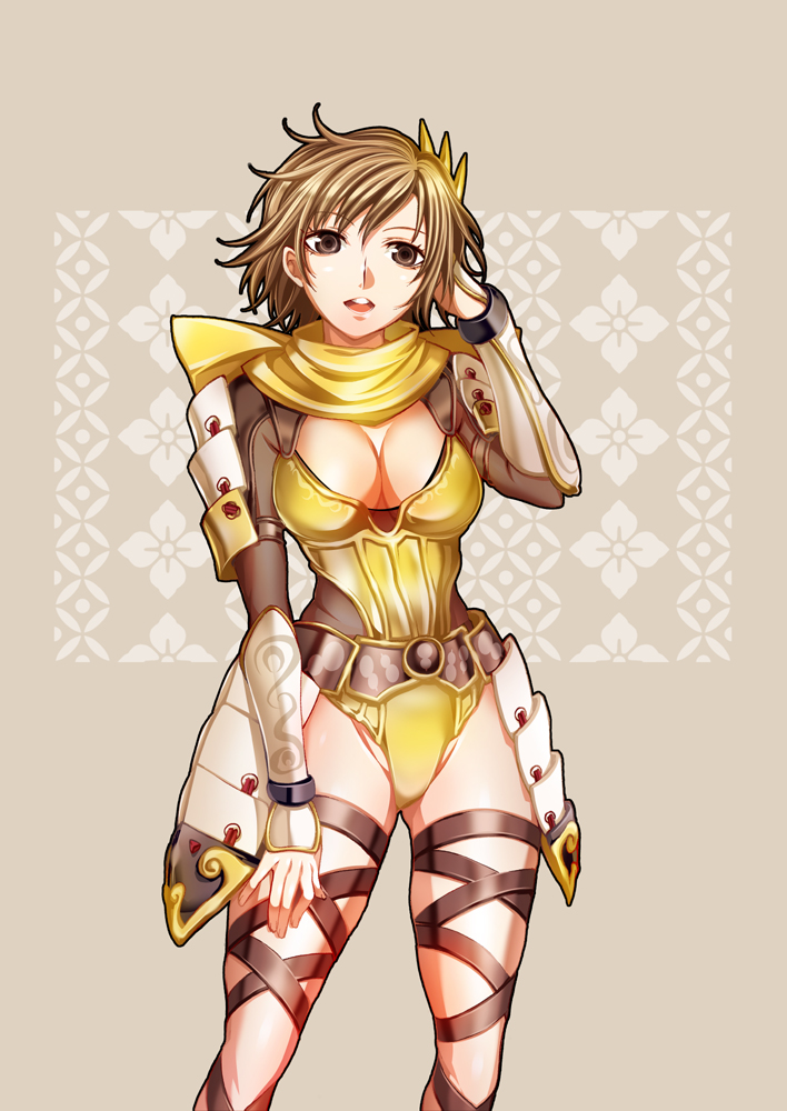 1girl, armor, breasts, brown_eyes, brown_hair, cleavage, female_focus, large_breasts