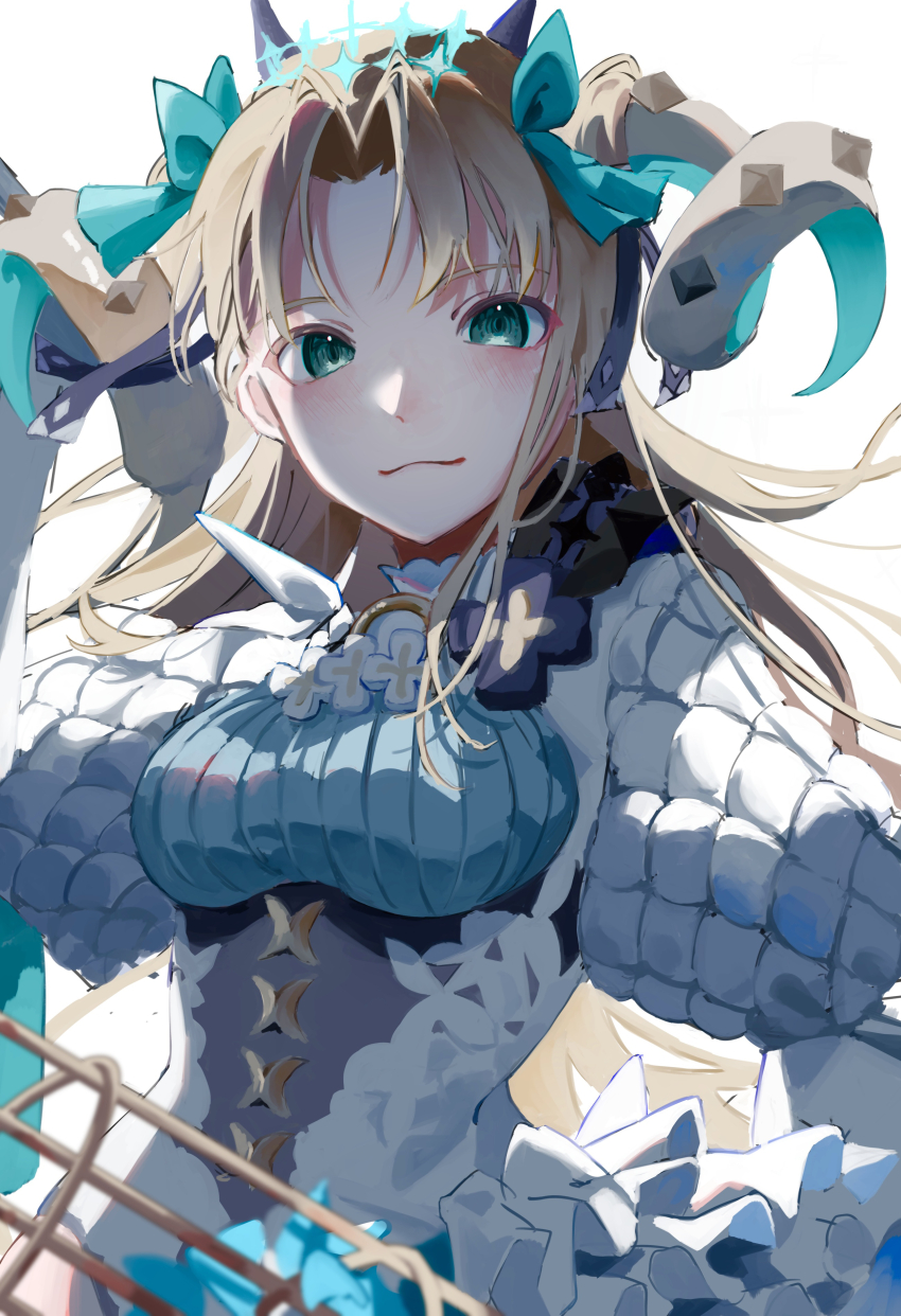 1girl, absurdres, blonde_hair, bow, breasts, curled_horns, elbow_gloves, ereshkigal_(fate)