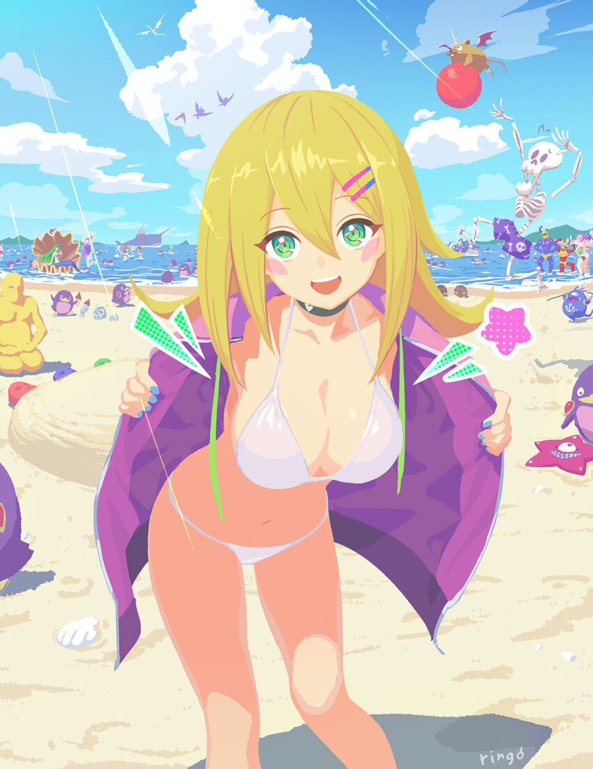 aitsu_(parodius), archfiend_marmot_of_nefariousness, artist_name, aussa_(yu-gi-oh!), beach, bent_over, bikini, blonde_hair, blush_stickers, breasts, character_request, cleavage, cloud, collar, collarbone, dark_magician_girl, doitsu_(parodius), duel_monster, eria_(yu-gi-oh!), evil_twin_ki-sikil, evil_twin_lil-la, feet_out_of_frame, floowandereeze_&amp;_snowl, fortress_whale, green_eyes, highres, hiita, hiita_(yu-gi-oh!), jacket, ki-sikil_(yu-gi-oh!), koitsu_(parodius), kuriboh, large_breasts, left-hand_skark, lil-la_(yu-gi-oh!), long_hair, m-warrior_1, m-warrior_2, nail_polish, ocean, open_mouth, penguin_soldier, pink_jacket, right-hand_shark, ringo_ringogoo, sand, skull_servant, soitsu_(parodius), solo_focus, star_boy, sunlight, swimsuit, white_bikini, wretched_ghost_of_the_attic, wynn_(yu-gi-oh!), yu-gi-oh!
