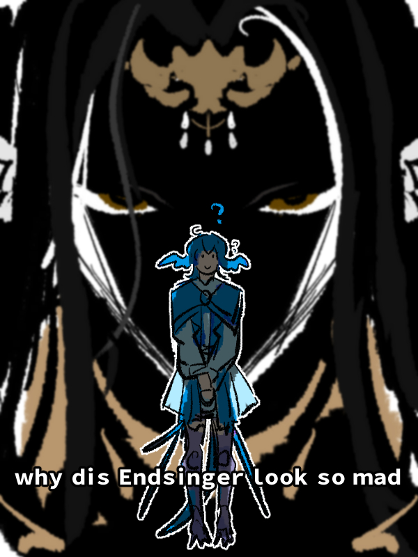 ?, bird_girl, bird_legs, black_hair, blue_hair, english_text, face_in_shadow, feathered_wings, final_fantasy, final_fantasy_xiv, glaring, head_wings, looking_at_viewer, meme, meteion, shaded_face, smile, standing, the_endsinger, why_dis_ninja_look_so_mad_(meme), wings, yuming_haomafan