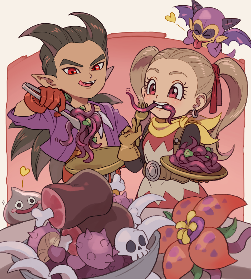 1boy, 1girl, 2others, blonde_hair, boned_meat, brown_hair, commentary_request, dated_commentary