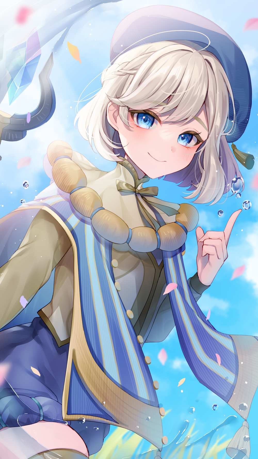 1girl, afk_(series), afk_journey, beret, blue_eyes, blue_hat, blue_shorts, blue_sky