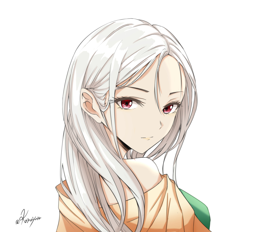 1girl, bare_shoulders, expressionless, hanaharupapa, highres, long_hair, looking_back, off_shoulder