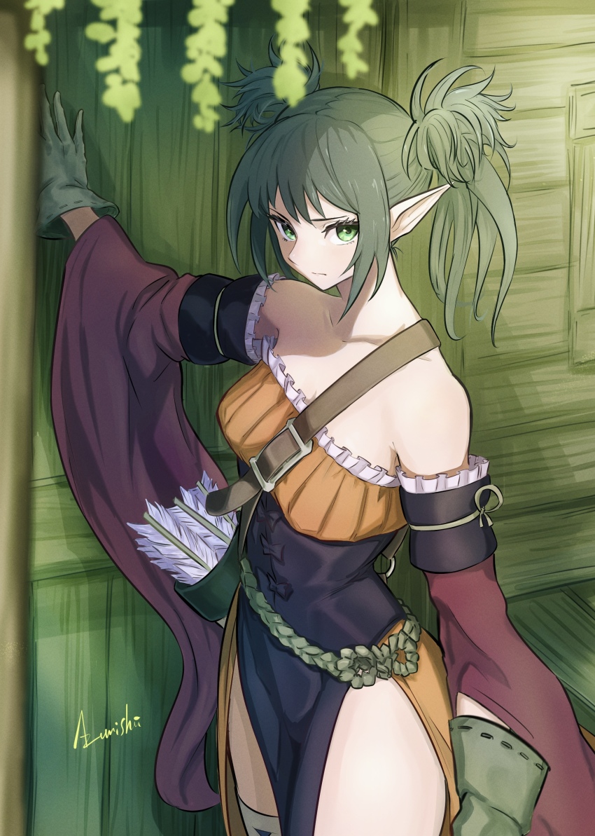 1girl, absurdres, arrow_(projectile), bare_shoulders, black_hair, breasts, closed_mouth, collarbone, commentary_request, detached_sleeves, dress, elf, frills, gloves, green_eyes, green_gloves, highres, long_sleeves, looking_at_viewer, medium_breasts, off-shoulder_dress, off_shoulder, pointy_ears, quiver, ridiel_(unicorn_overlord), rooru_kyaabetsu, shoulder_strap, side_slit, sidelocks, signature, solo, twintails, unicorn_overlord, wide_sleeves, wooden_wall