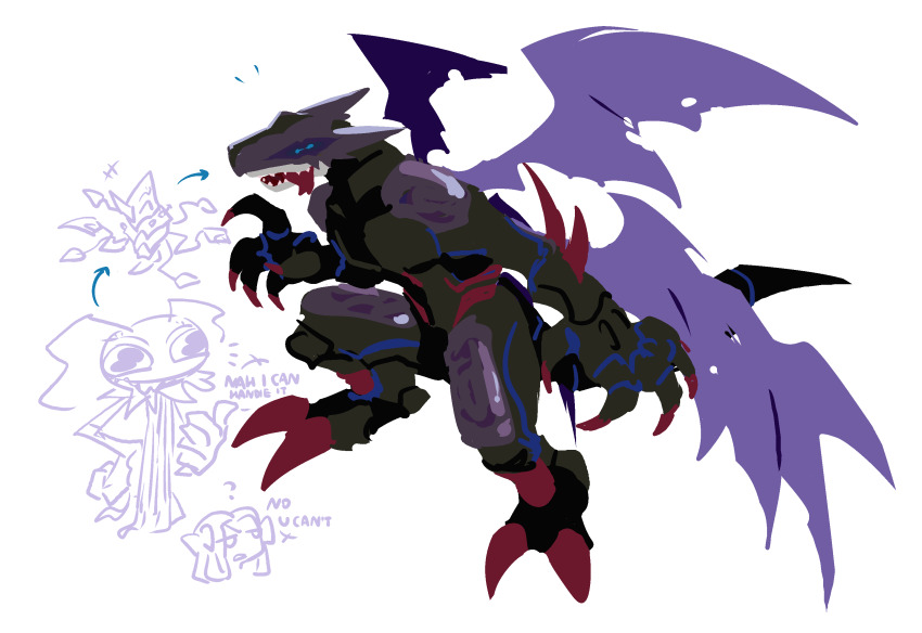 adapted_costume, alternate_costume, armor, arrow_(symbol), bakamaokun, bat_wings, black_bodysuit, blue_eyes