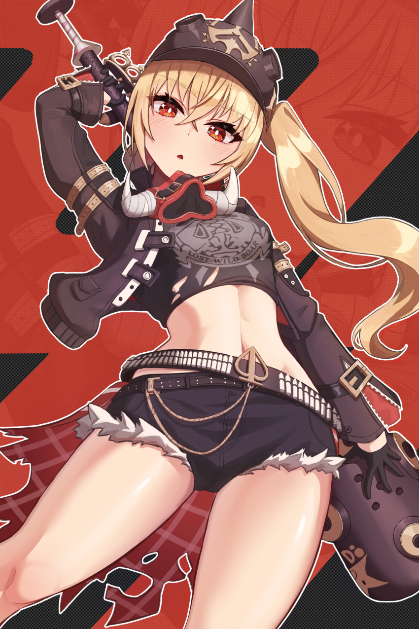 1girl, baseball_bat, black_hat, black_jacket, blonde_hair, blush, combat_helmet, cowboy_shot