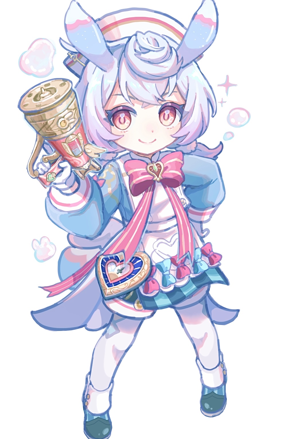 1girl, apron, blue_dress, blue_hair, bubble_gun, clock, closed_mouth, dress, full_body, genshin_impact, gun, hat, highres, holding, holding_gun, holding_weapon, long_sleeves, looking_at_viewer, low_twintails, medium_hair, pantyhose, pink_eyes, puffy_long_sleeves, puffy_sleeves, seta_tasuku, shorts, sigewinne_(genshin_impact), simple_background, smile, solo, twintails, weapon, white_apron, white_background, white_hat, white_pantyhose