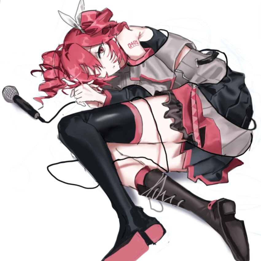 1girl, bare_shoulders, black_boots, black_skirt, boots, bow, drill_hair, full_body