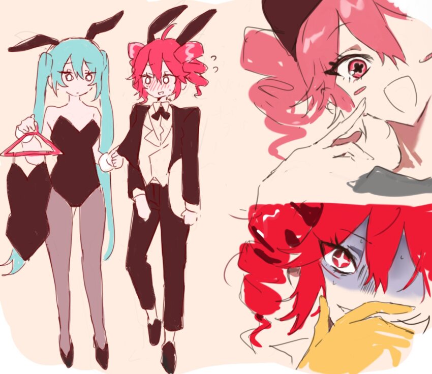 2girls, animal_ears, black_jacket, black_leotard, black_pants, blue_hair, butler, crossdressing_(ftm)