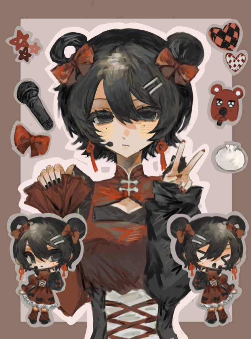 >_<, 1girl, black_eyes, black_hair, black_nails, chibi, chinese_commentary, cleavage_cutout