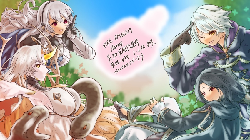 2boys, 2girls, black_cape, black_hair, black_hairband, black_robe, breasts, cape