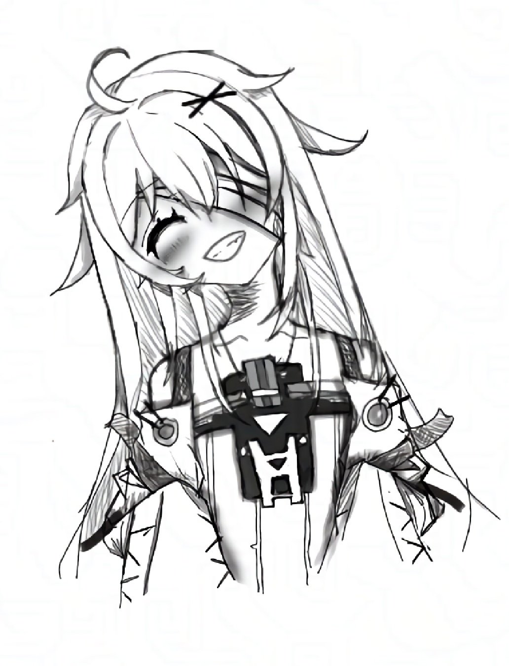 1girl, ahoge, bandage_over_one_eye, detached_sleeves, dress, greyscale, grin, highres