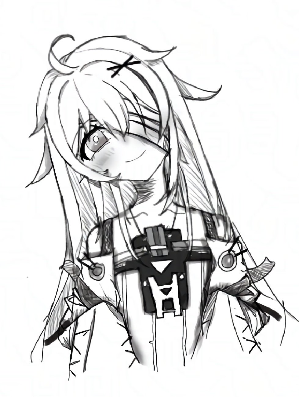 1girl, ahoge, bandage_over_one_eye, detached_sleeves, greyscale, highres, long_hair, long_sleeves