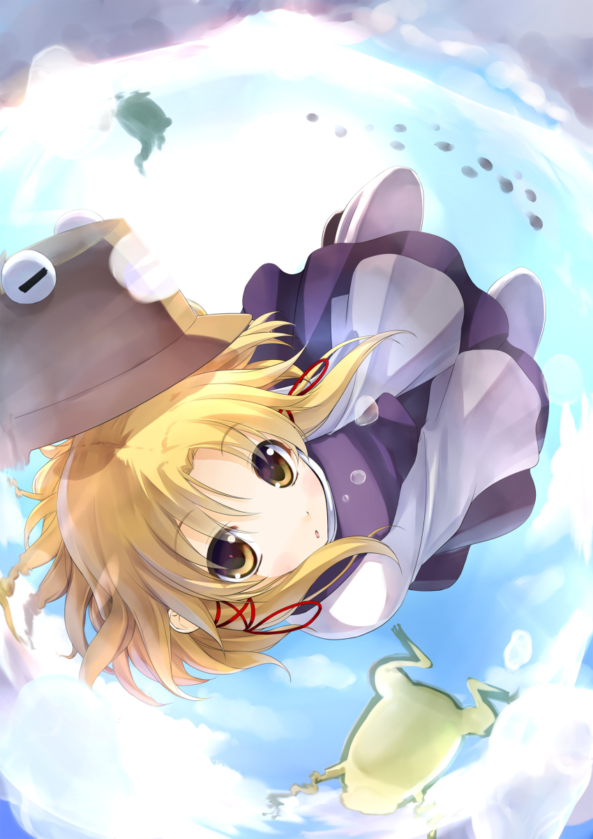 1girl, absurdres, blonde_hair, bubble, female_focus, frog, full_body, highres