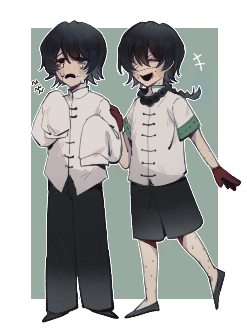 +++, 2boys, black_eyes, black_hair, black_pants, black_shoes, black_shorts, blood