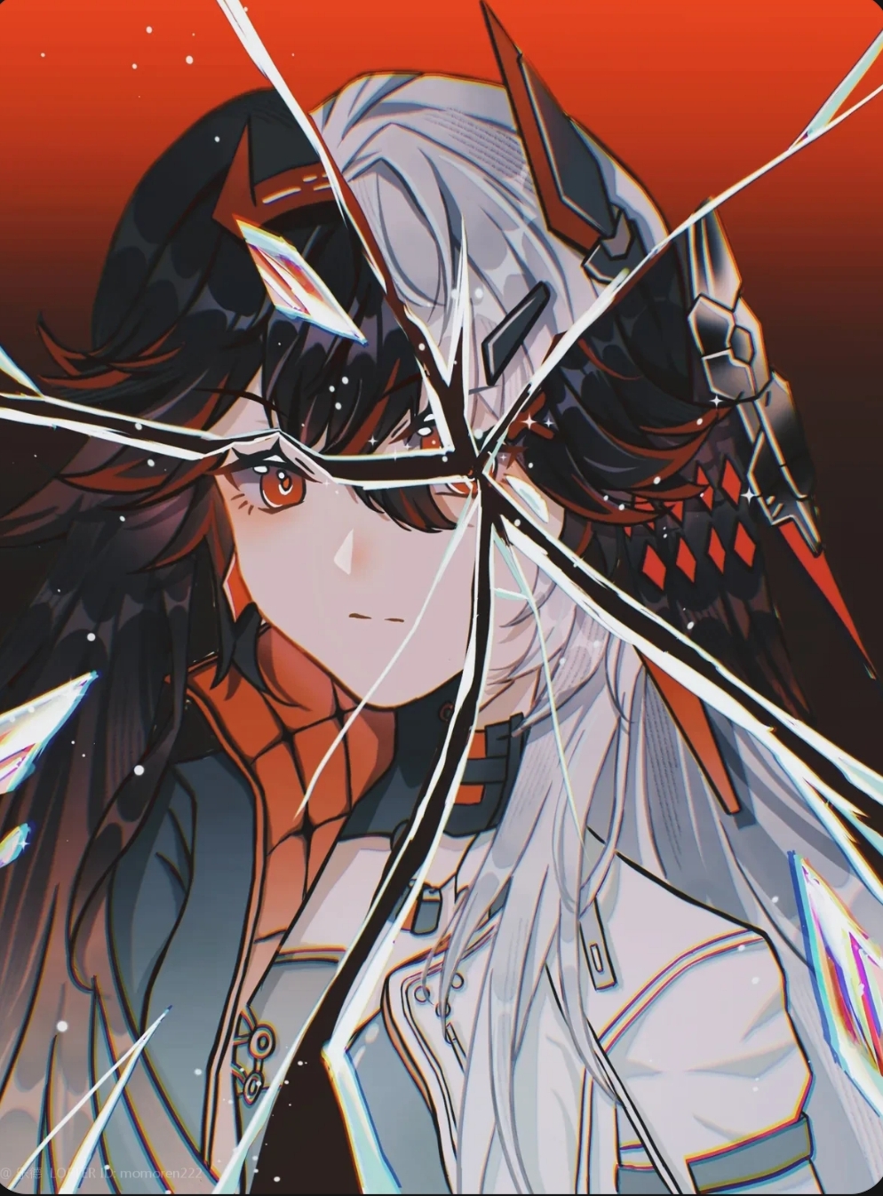 2girls, alpha_(pgr), chinese_commentary, commentary, fake_horns, hair_between_eyes, hair_ornament, highres, horns, jacket, long_hair, looking_at_viewer, alpha:_crimson_abyss_(pgr), alpha:_crimson_weave_(pgr), lucia:_dawn_(pgr), lucia:_lotus_(pgr), lucia:_plume_(pgr), lucia_(pgr), momoren222, multicolored_hair, multiple_girls, multiple_persona, punishing:_gray_raven, red_eyes, small_horns, streaked_hair, two-sided_fabric, two-sided_jacket, very_long_hair, white_hair