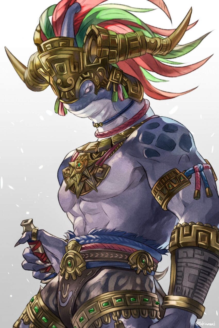 1boy, abs, absurdres, armlet, belt, blue_choker, blue_skin, choker