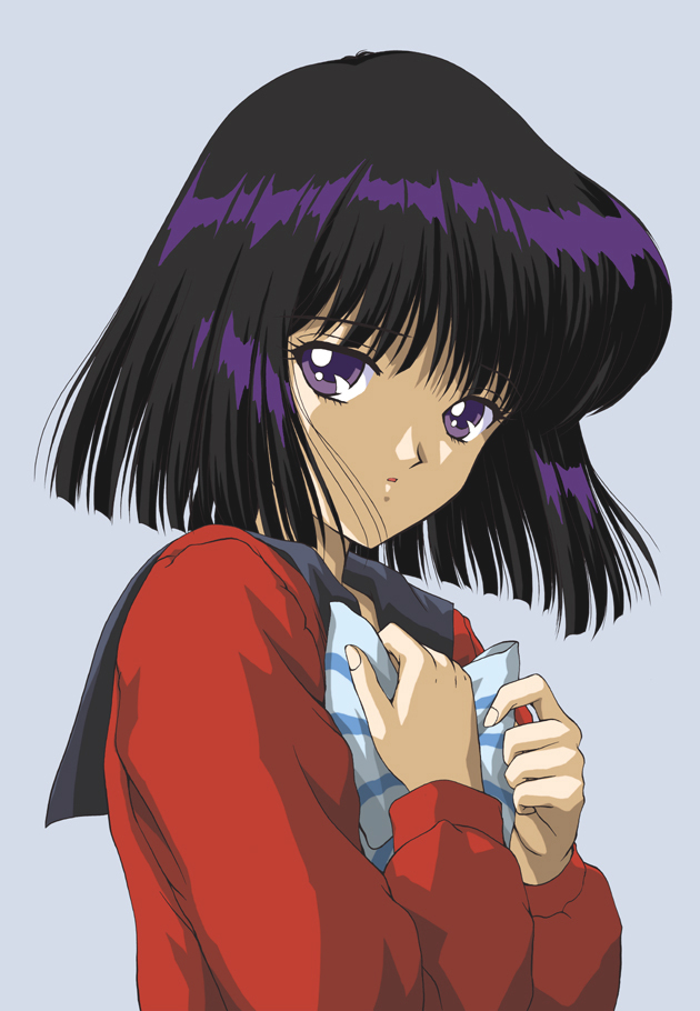1990s_(style), 1girl, bishoujo_senshi_sailor_moon, bishoujo_senshi_sailor_moon_s, black_hair, blouse, blue_background, blue_bow, bow, female_focus, hino_ryutaro, mugen_gakuen_school_uniform, purple_eyes, red_shirt, retro_artstyle, sailor_saturn, school_uniform, serafuku, shirt, short_hair, shy, simple_background, solo, striped_bow, tomoe_hotaru, upper_body