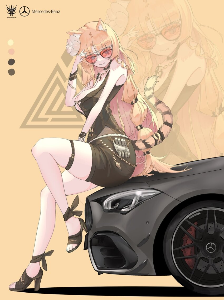 1girl, animal_ear_fluff, animal_ears, arknights, arm_up, bad_anatomy, bare_shoulders, black_shirt, black_shoes, black_shorts, black_tail, blonde_hair, blue_eyes, car, cat, chain, chinese_commentary, closed_mouth, color_guide, commentary_request, company_logo, company_name, flower, full_body, gelo_graphic, glasses, gold, gold_chain, hair_flower, hair_ornament, high_heel_sandals, high_heels, highres, jewelry, leg_up, logo, long_hair, looking_at_viewer, mercedes-benz, motor_vehicle, necklace, no_socks, official_alternate_costume, on_car, open-toe_shoes, red-tinted_eyewear, sandals, shirt, shoes, shorts, sitting, sleeveless, sleeveless_shirt, smile, solo, swire_(arknights), swire_the_elegant_wit_(arknights), tail, tail_ornament, tail_raised, tail_ring, thigh_strap, tinted_eyewear, toenails, unfinished, white_flower, yellow_background, yellow_tail, zoom_layer